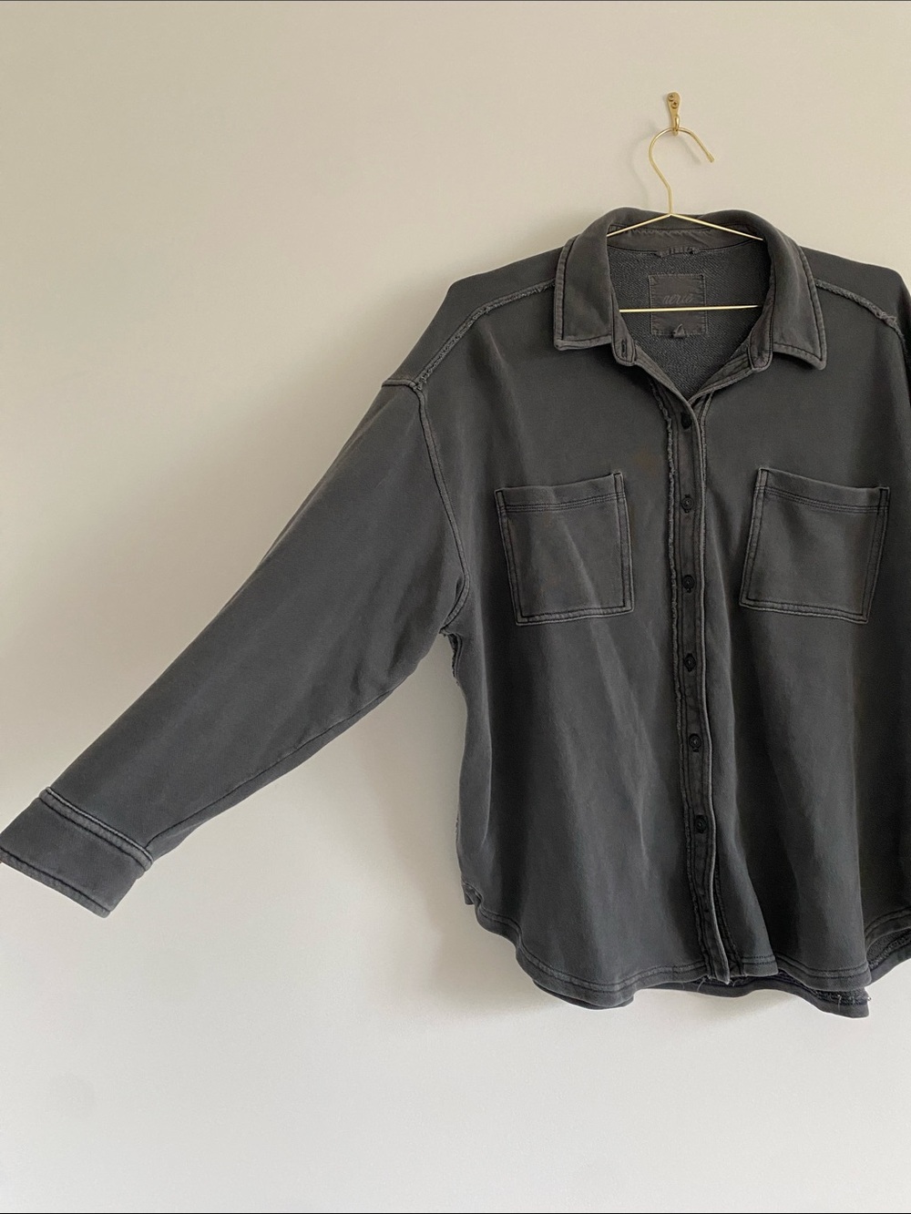 Aerie Washed Charcoal Oversized Fleece Button Down Sweatshirt - Picture 5 of 11